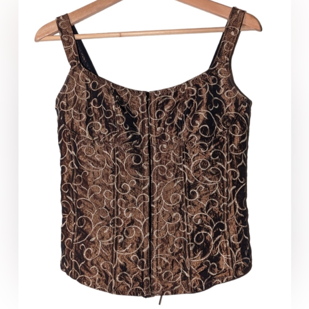Vintage Grenier Embroidered Metallic Bronze Lace Up Sleeveless Boning Corset